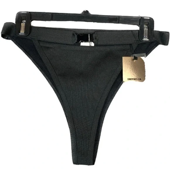 Candypants Exclusive Bandage High Leg Buckle Cut Out Black Bikini Bottom New - Picture 7 of 14